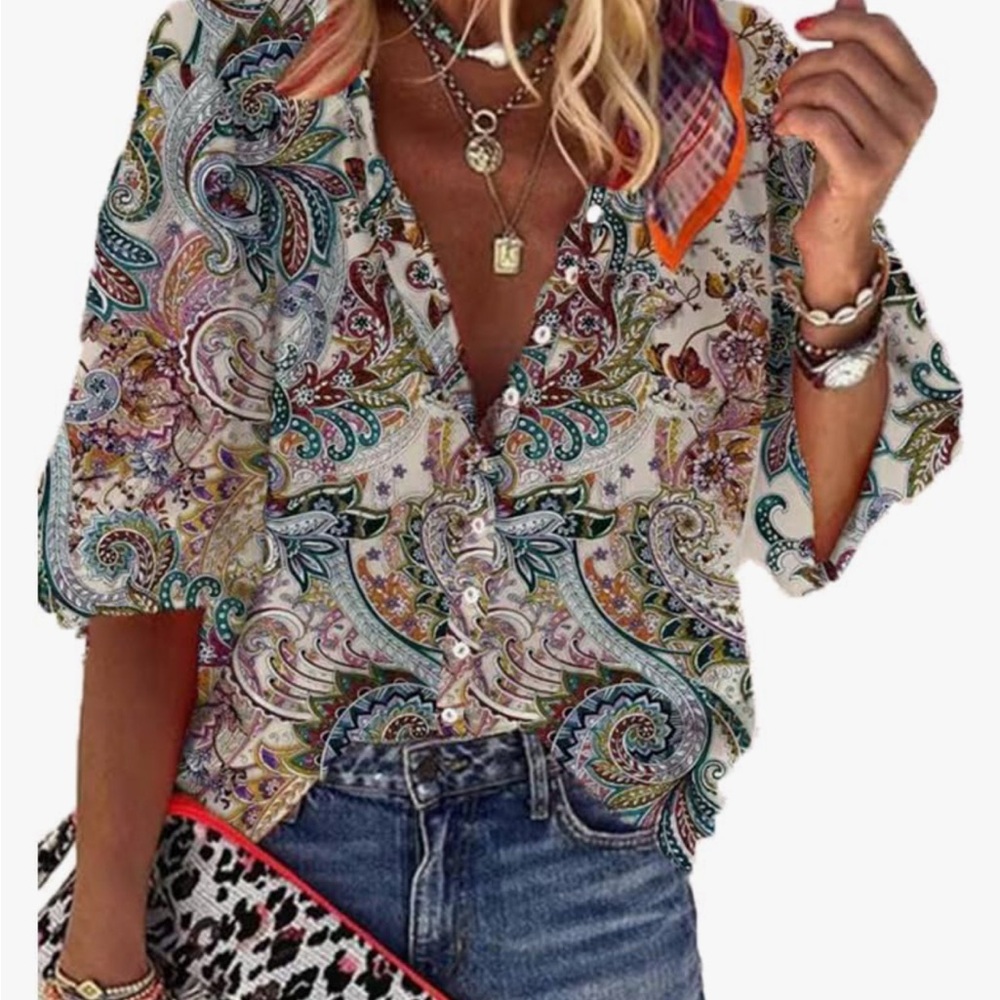 Lena Blue and Gold Casual Button Down Shirt with Shimmering Elegance